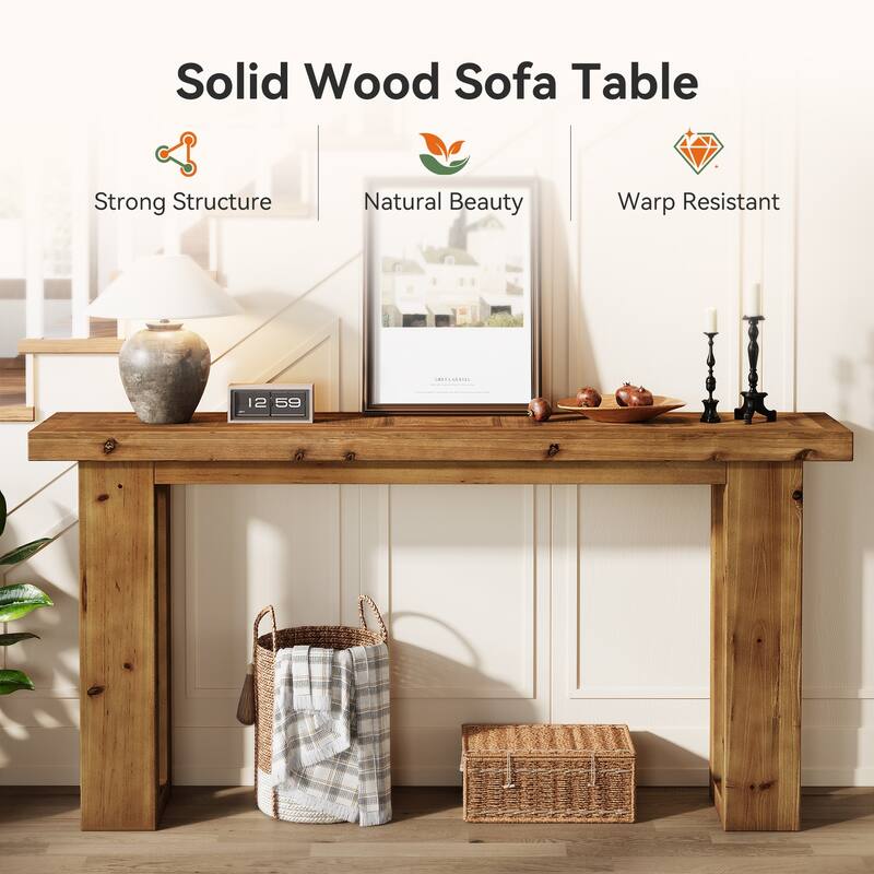 Solid Wood Sofa Table, 63-Inch Long Farmhouse Rectangular Console Table