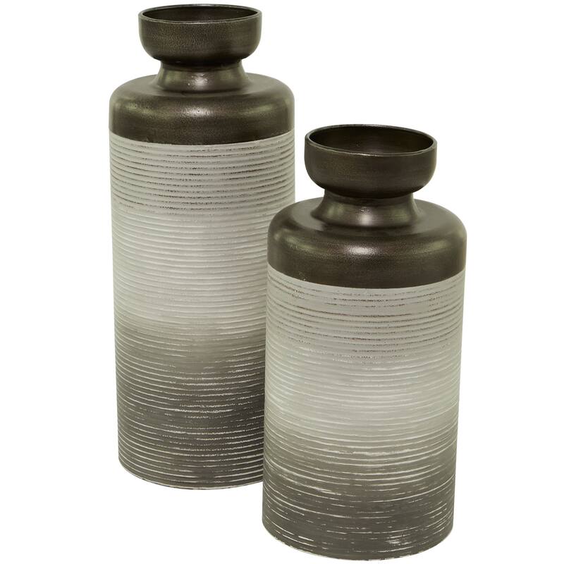 Bronze Metal Decorative Vase with Embossed Ribbing (Set of 2) - 16", 13"H
