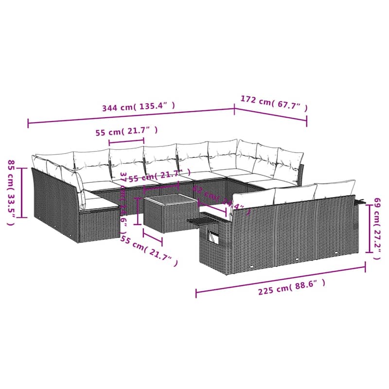 vidaXL Garden Sofa Set 14 Piece with Cushions Outdoor Sofa Set Poly Rattan - 24.4 x 24.4 x 27.2 in (W x L x H)