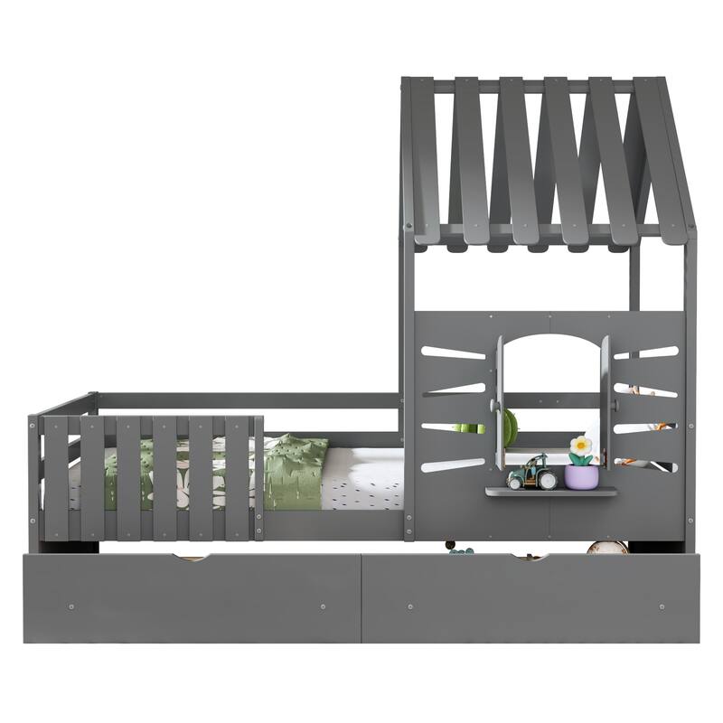 Twin Size House Bed w/ 2 Storage Drawers & Guardrails, Playhouse Bed w/ Roof and Window, Wooden Bed for Girls & Boys, White