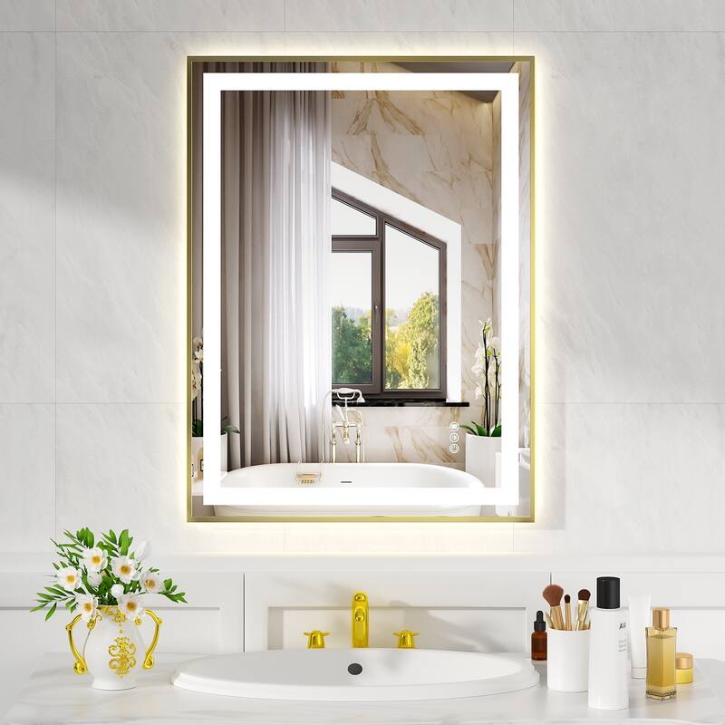 Modern Gold LED Bathroom Mirror with Dual Light Strips and Anti-Fog Dimmable for Horizontal or Vertical - 24” x 32” x 0.16”