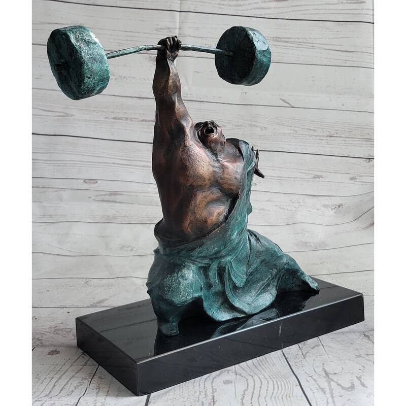 Powerlifter Weight Lifter Bodybuilder Bronze Statue Sculpture Figure On Marble Base Original Art