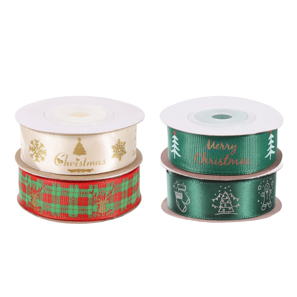 4 Roll Christmas Ribbons 10 Yards Deer Christmas Tree Snowflake Pattern