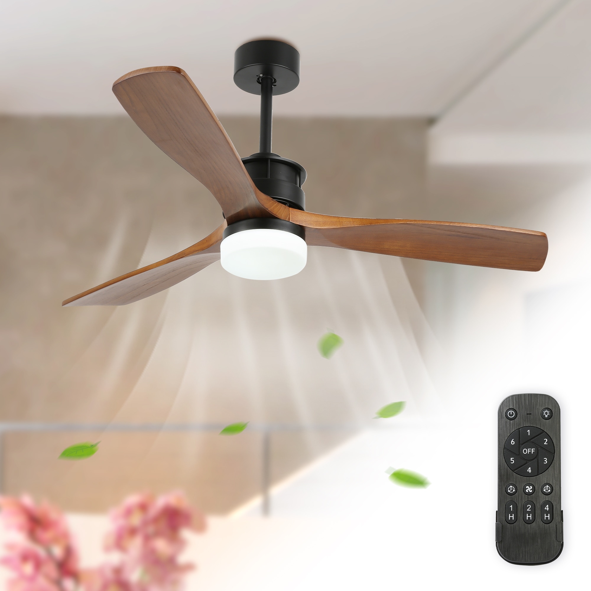 52 Inch Walnut Wood Ceiling Fan with Lights and Remote, 6 Speed Farmhouse Ceiling Fan 3 Blades - 52 Inch