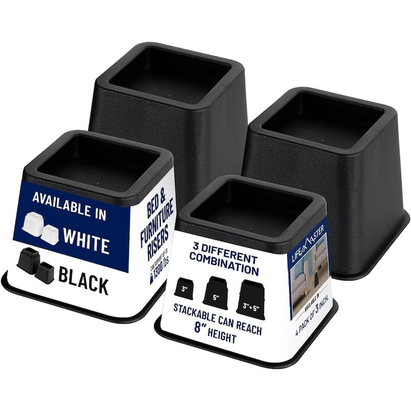 Lifemaster Furniture Riser Set - Non-Slip Design Furniture Leg Riser - Pack of 4 - Black