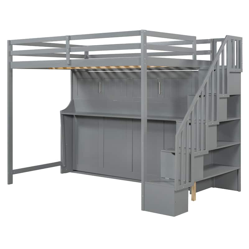 Full Over Full Size Murphy Bed with Hydraulic Lift & Desk Design, Gray