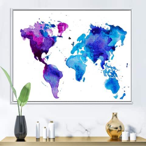 Designart "Purple and Blue Map of The World" Modern Framed Canvas Wall Art Print