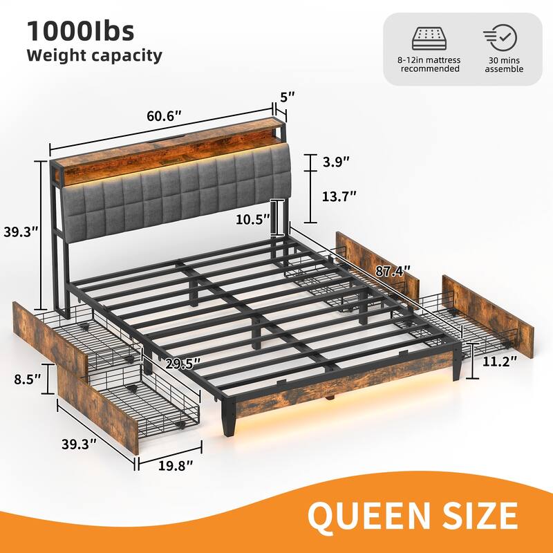 Upholstered Platform Bed with Charging Station and Storage Headboard