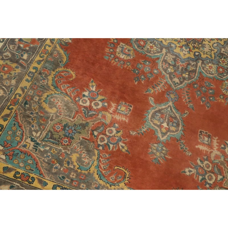 Hand Knotted Oriental 100% Wool Carpet Traditional Floral Oranges & Rust Tabriz Area Rug - 9' 10'' X 6' 7''