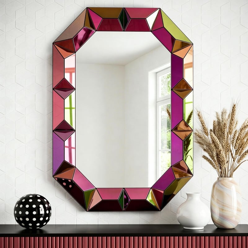 Multi-Colored Geometric Segmented Wall Mirror - multicolor