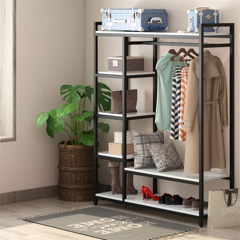 Brown/ Black Wood Industrial Clothing rack with shelves, 5-Tier Clothes Garment Rack Closet Organizer System with Hanging Rod