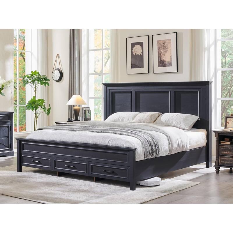 Farmhouse Queen Wood Bed Frame with 52" Tall Headboard & Footboard - Black