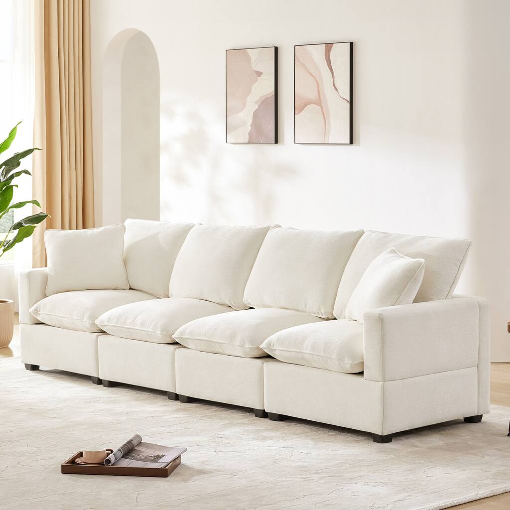 White 84" Modular Chenille 4-Seat Sofa with Removable Cushions