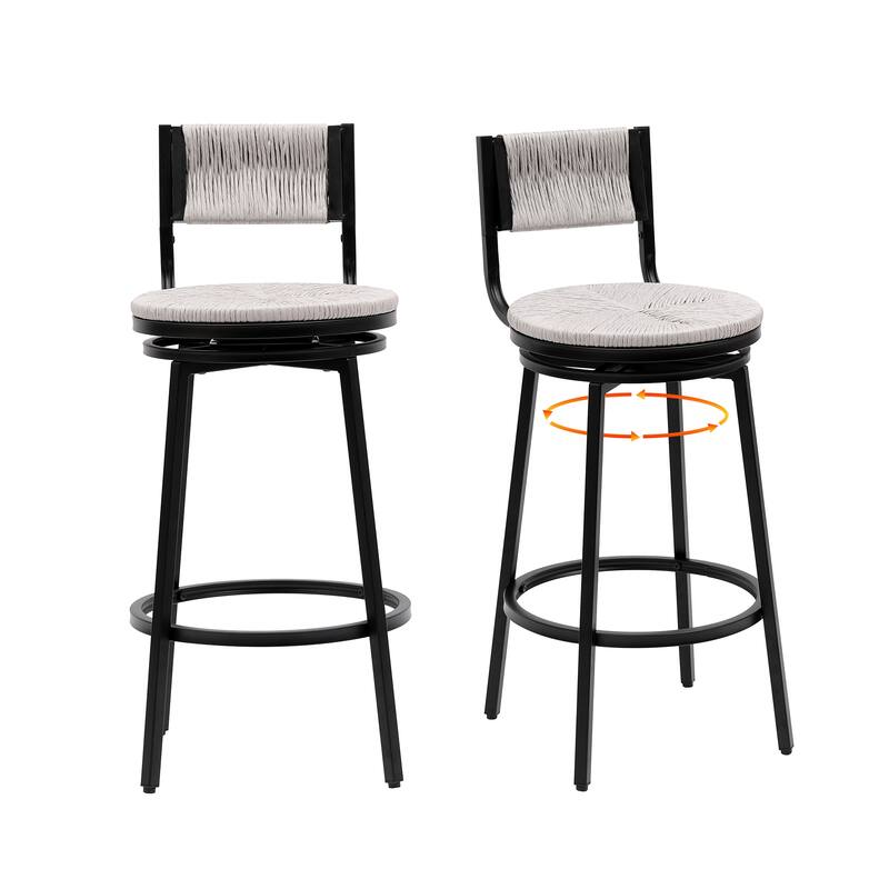 Modern Bar Stools Swivel Counter Chairs with Metal Frame Set of 2 Hand Woven Paper Rope Dining Barstools for Kitchen Counter