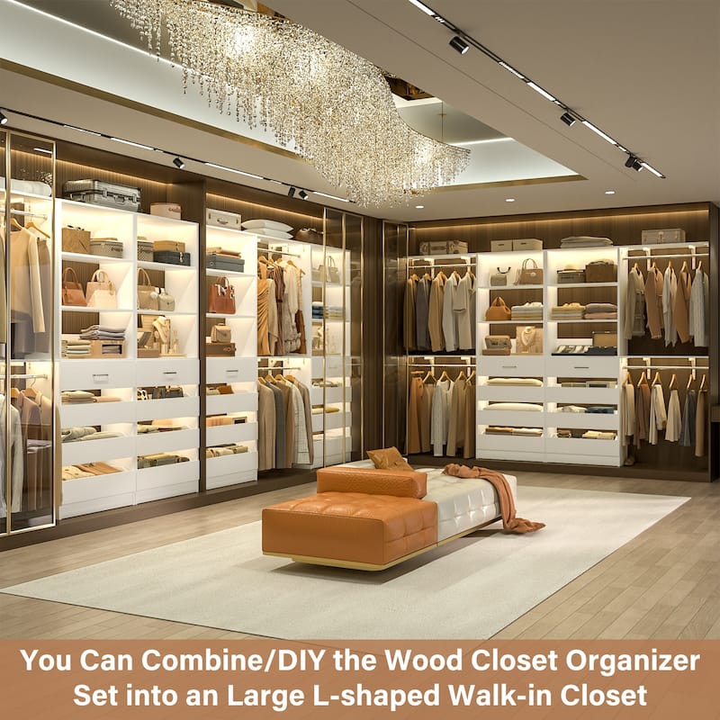 Set of 2 Closet System with Wooden Drawers and Hanging Rods, Closet Organizer with Adjustable Storage Shelves