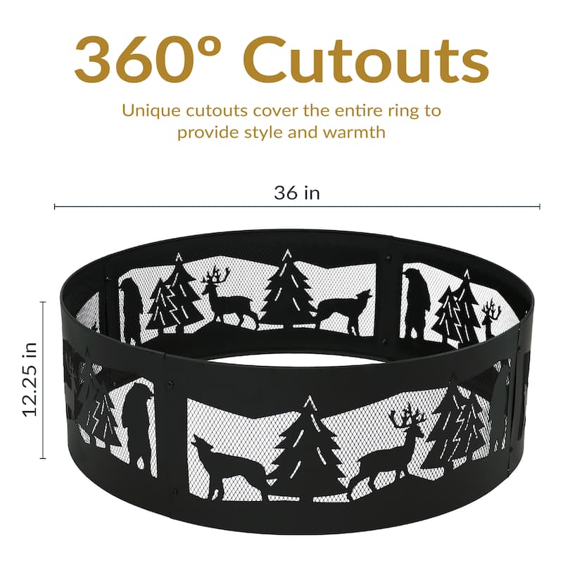 Forest Wilderness Black Steel Fire Pit Ring with Cutouts - 36"