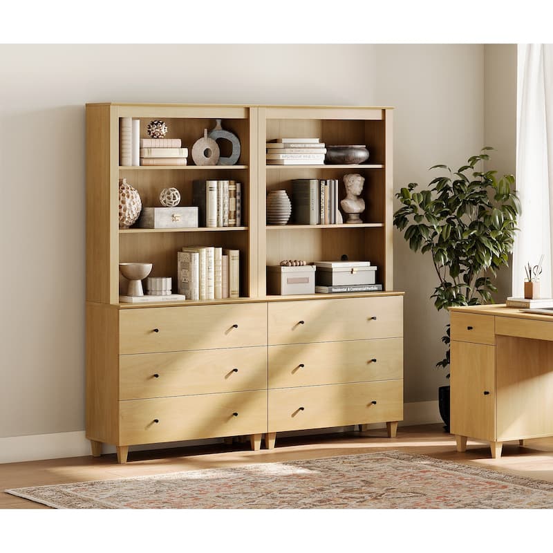 WAMPAT Modern 71" Tall Bookcase with 6 Drawers, 2 Columns 3-Tier