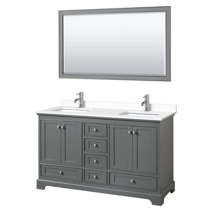 Deborah 60-inch Double Vanity, Cultured Marble Top, 58-inch Mirror - Dark Gray, Chrome Trim, White Cultured Marble Top
