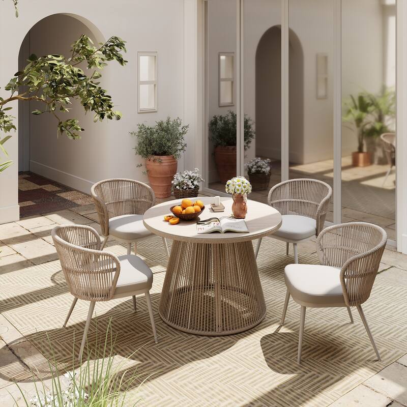 5 Pieces Outdoor PE Rattan Patio Dining Set with Round Tempered Glass Table - Large rounded chair back