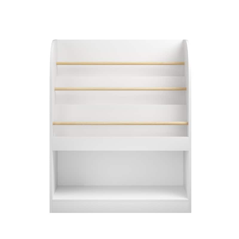 Anmytek 3-Tier Kids Bookcase with Storage Bin, Front-Facing Display for Toddlers, White with Wooden Guardrails