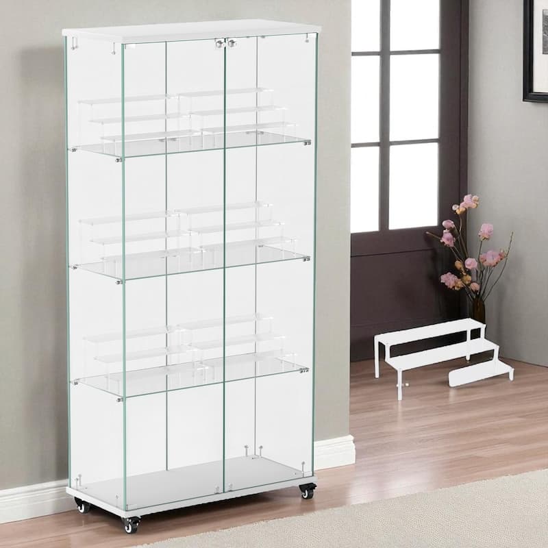 Glass Display Cabinet with Doors & Locks, Acrylic Shelves, Floor Standing Storage Showcase for Home or Office