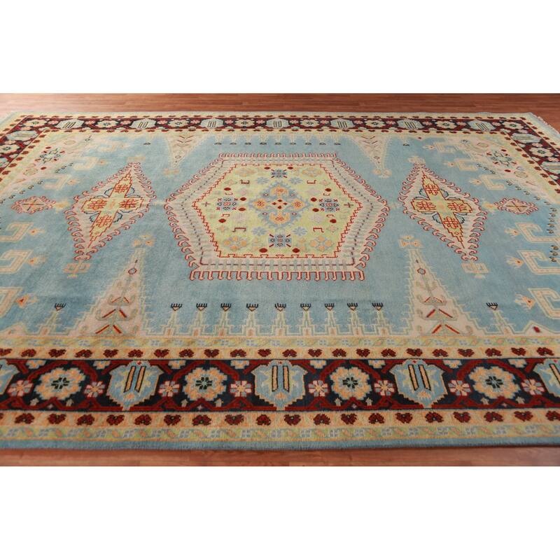 Light Blue Geometric Viss Oriental Large Rug Handmade Wool Carpet - 9'9" x 13'9"
