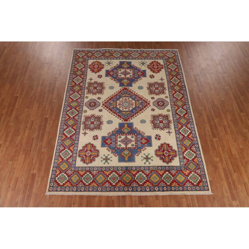 Ivory Geometric Kazak Area Rug Hand-Knotted Wool Carpet - 8'0" x 10'6"