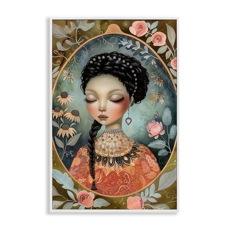 Stupell Floral Edged Portrait of Woman Framed Giclee Art Design By The Dutch Lady - 12 x 18 - White