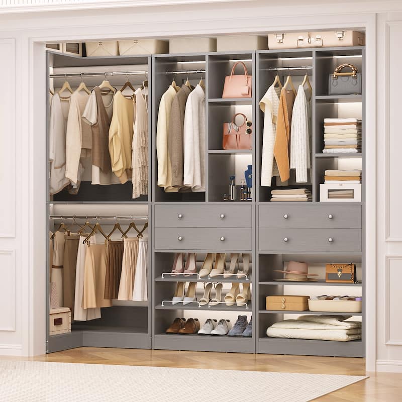 Set of 2/ 3 Coner Closet System with Shoe Racks and Drawers, Freestanding Closet Organizer with Hanging Rods and Shelves
