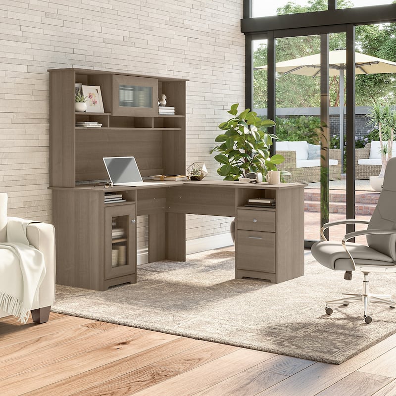 Cabot 60W L-Shaped Desk with Hutch and Storage by Bush Furniture - Ash Gray