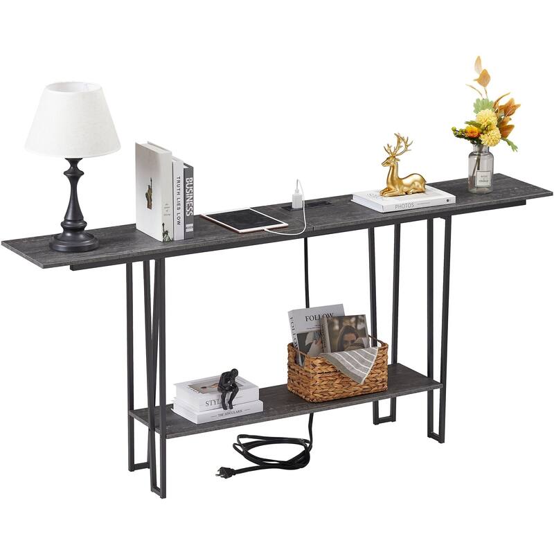 Console Table with Outlets for Entryway, Sofa Table with Wood Shelves, Industrial Entryway Table Foyer Table