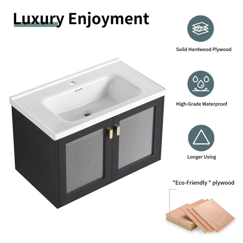 Wall-Mounted Bathroom Vanity with Ceramic Sink, Soft-Closing Doors, and Metal Handles, Black Chestnut Finish - 31.9in L Plywood
