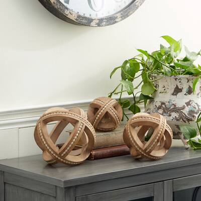 Light Brown Wood Handmade Beaded Geometric Sculpture (Set of 3) - S/3 7", 6", 4"H