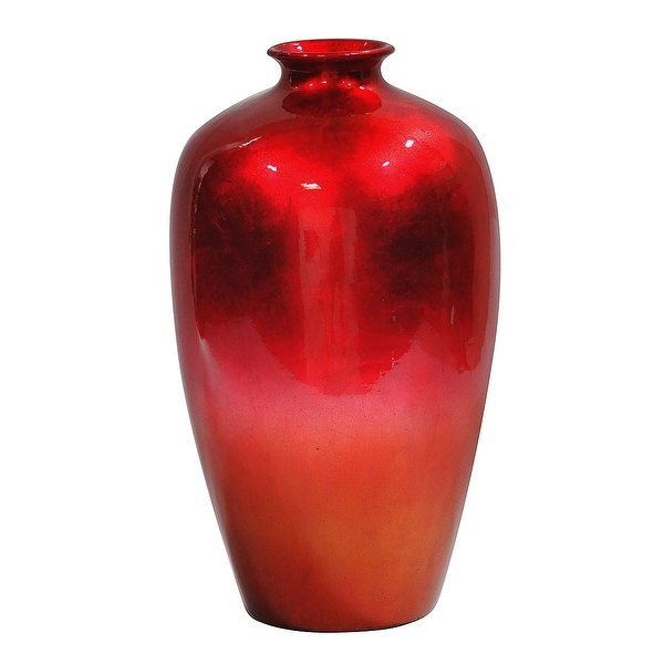 21" Foiled & Lacquered Ceramic Vase In Red, Orange Ombre