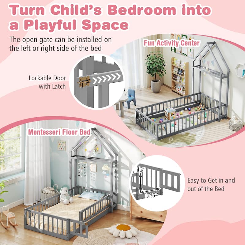 Montessori Twin Size Floor Bed Frame with Guardrails and House Shaped Headboard for Kids Bedroom