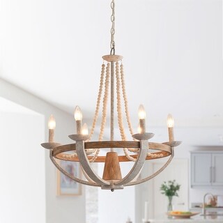 Coastal Distressed White Wood Beaded 6-Light Chandelier for Dining Room ...
