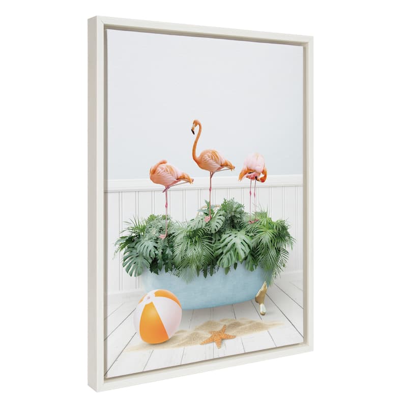 Kate and Laurel Sylvie Flamingo Bath Framed Canvas by Amy Peterson - 18x24 - White