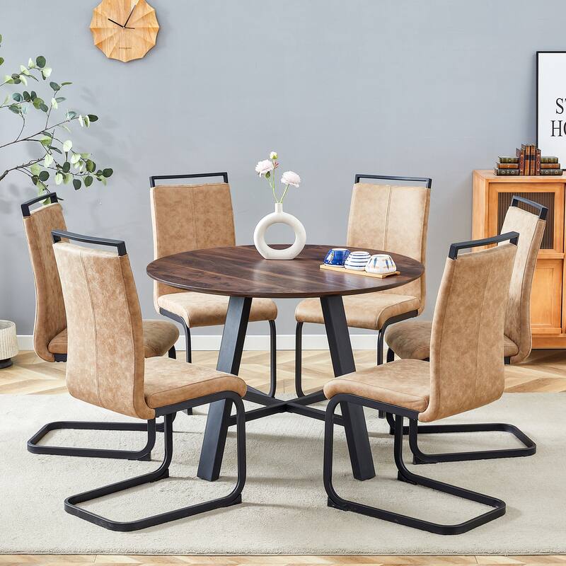 7-Piece Dining Table Set, 42" Minimalist Kitchen Round Table with 6 Armless Chairs, Wood Table & Chairs Set for Dining Room