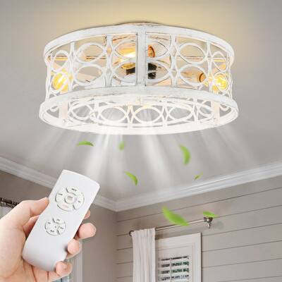 Cusp Barn 20-In Retro Distressed White Ceiling Fan with Lights, Farmhouse Flush Mount Low Profile Caged Fandelier for Bedroom