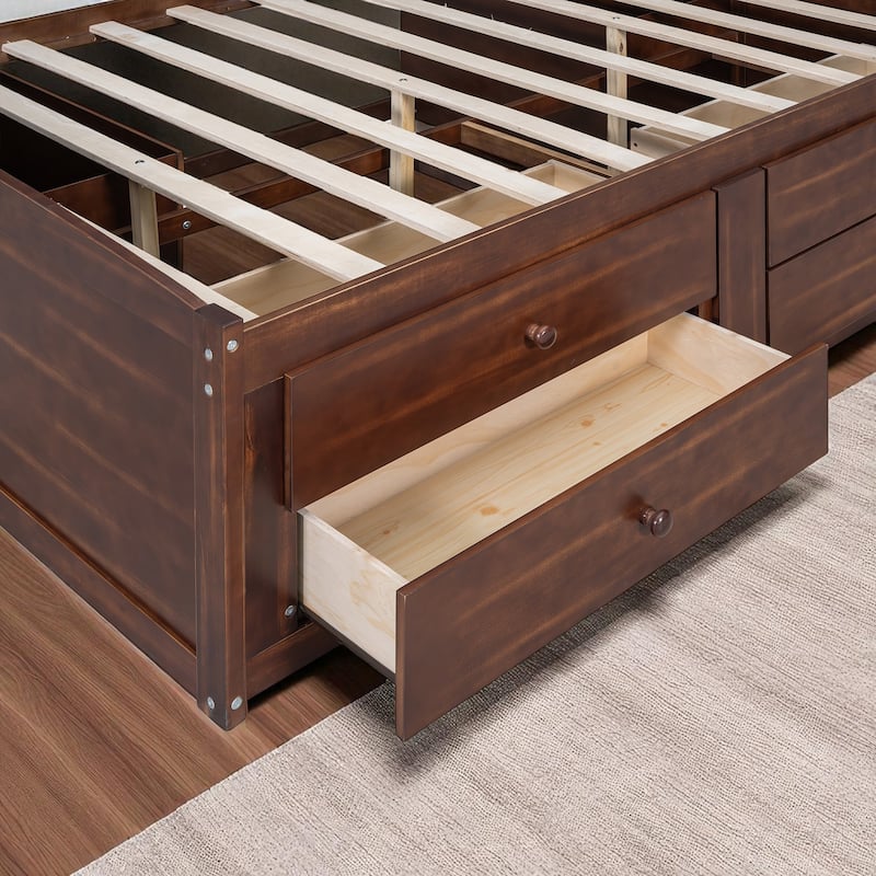 Full Size Wooden Captain Bed with Storage Shelves, 4 Drawers & 2 Cabinets, Antique Brown Finish