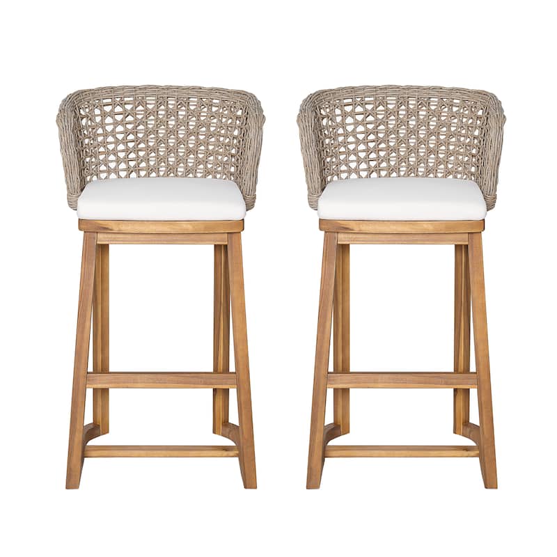 Christopher Knight Home - Dome Set of 4 Outdoor Acacia Wood Bar Stools with Wicker Back and Cushions