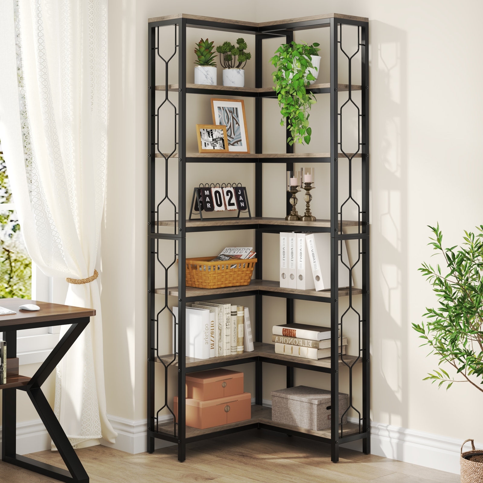 7-Tier Corner Shelf, Industrial Corner Bookshelf, Wood and Metal Corner Etagere Bookcase