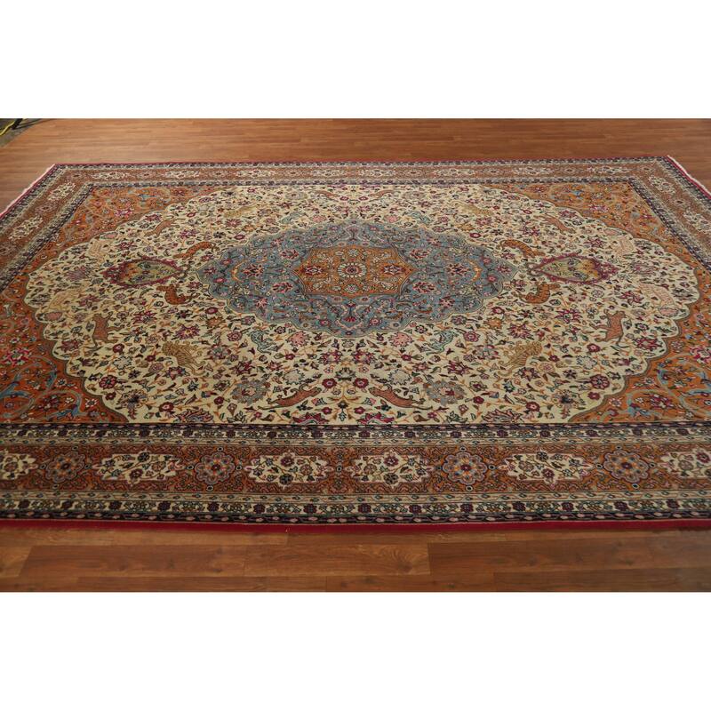 Hand Knotted Oriental 100% Wool Carpet Traditional Floral Beige & Ivories Tabriz Area Rug - 12' 3'' X 8' 1''
