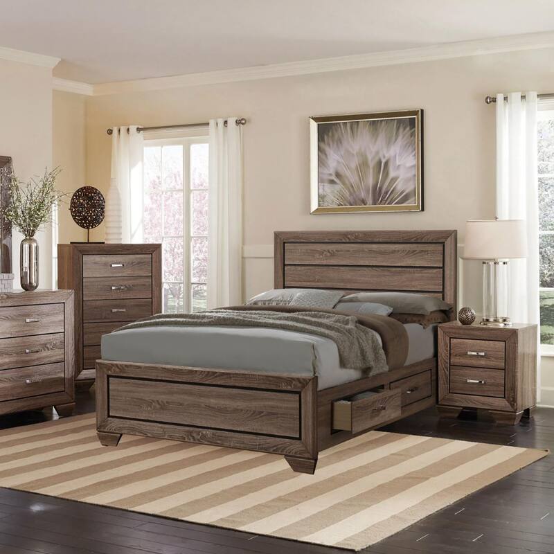 Queen Storage Bed with Washed Taupe Finish and Rustic Contemporary Design
