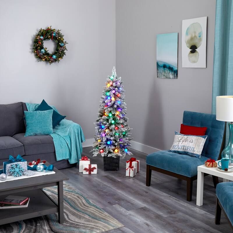 5ft. Flocked Fir Artificial Christmas Tree with 50 Multi-Color Globe Bulbs and 379 Branches - Playful X-Mas Accent Tree