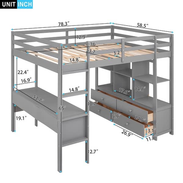 Full Loft Bed with Desk, Storage Shelves, and Drawers, Grey