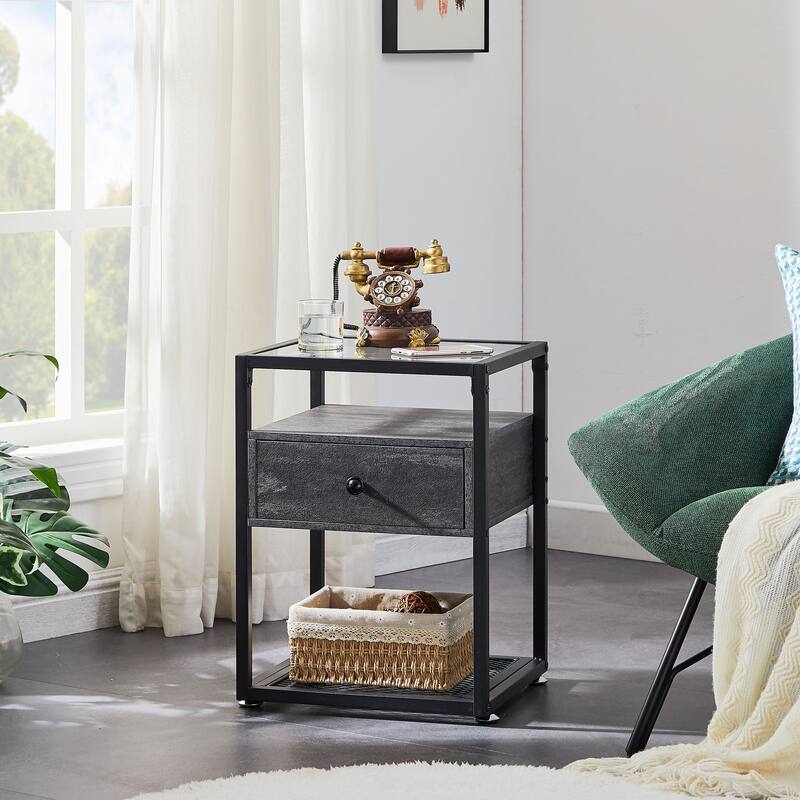 VECELO Modern 1- Drawer Nightstands with Tempered Glass Top