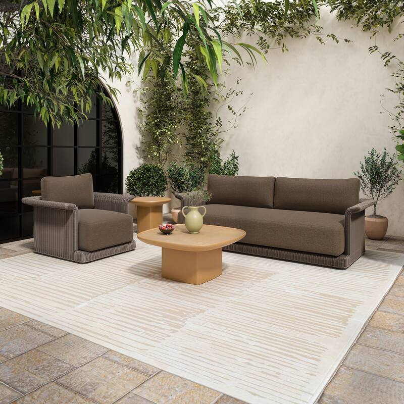 NADAAL STUDIOS Aralina Outdoor Sofa, Curved Windowpane Frame, 3-Seater, Brown Stripe Upholstery