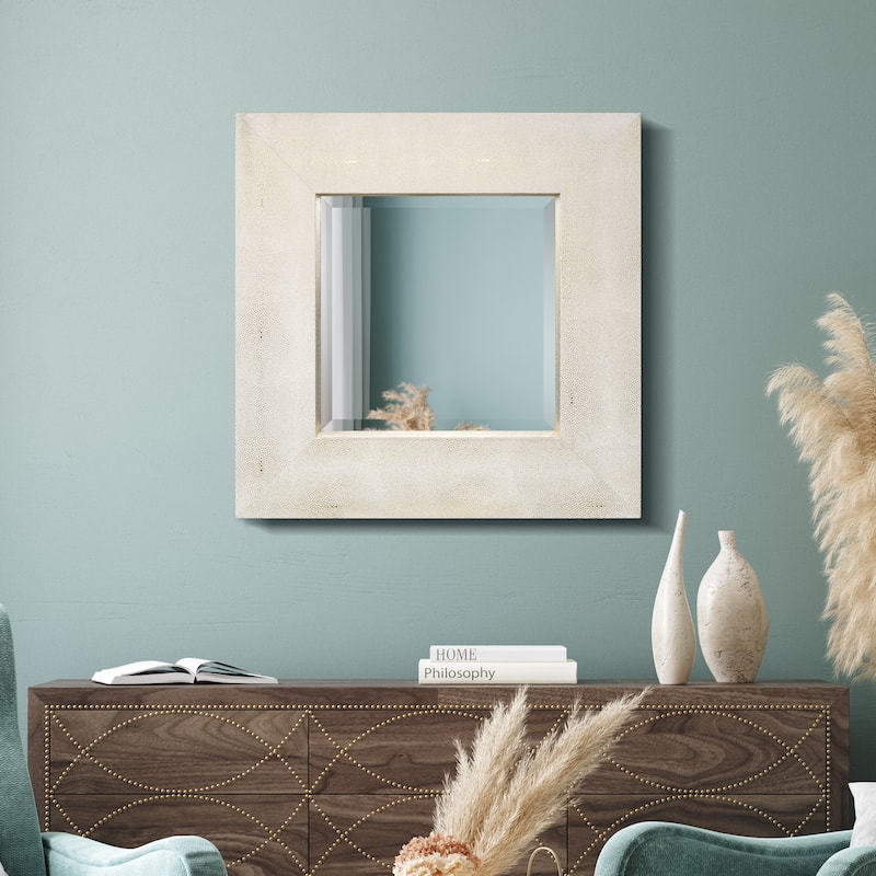 Gold on White Metallic Shagreen Leather Framed Beveled Mirror - 30" x 30"