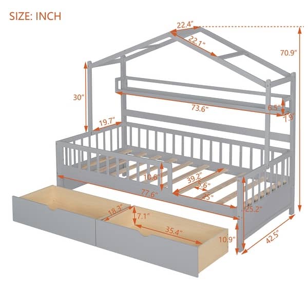 dimension image slide 1 of 4, Pine House Bed with Roof, Drawers, and Shelf